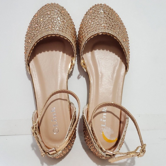 Girl's Ballet Strap Flat Formal Party Shoes Size 3 Golden Sparkly Embellished - Picture 5 of 7